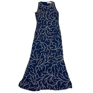 Oleg Cassini Black Tie Navy Silver Beaded Maxi Dress Silk Formal Evening Gown